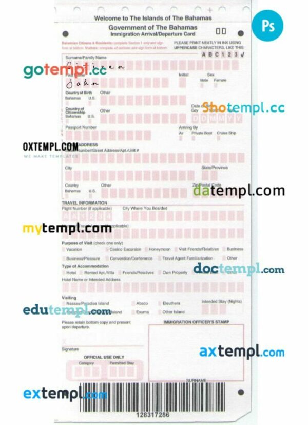 Bahamas arrival departure card template in PSD format