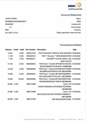 Bahrain Bank of Bahrain and Kuwait (BBT) account statement Word and PDF template
