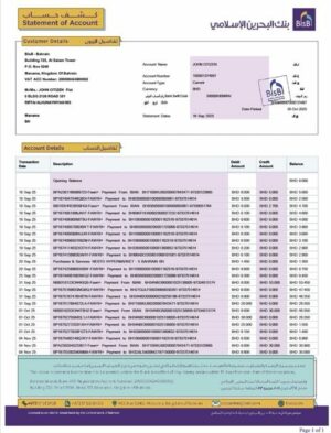 Bahrain Islamic Bank statement of account Word and PDF template