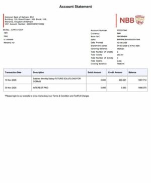Bahrain National Bank of Bahrain account statement Word and PDF template