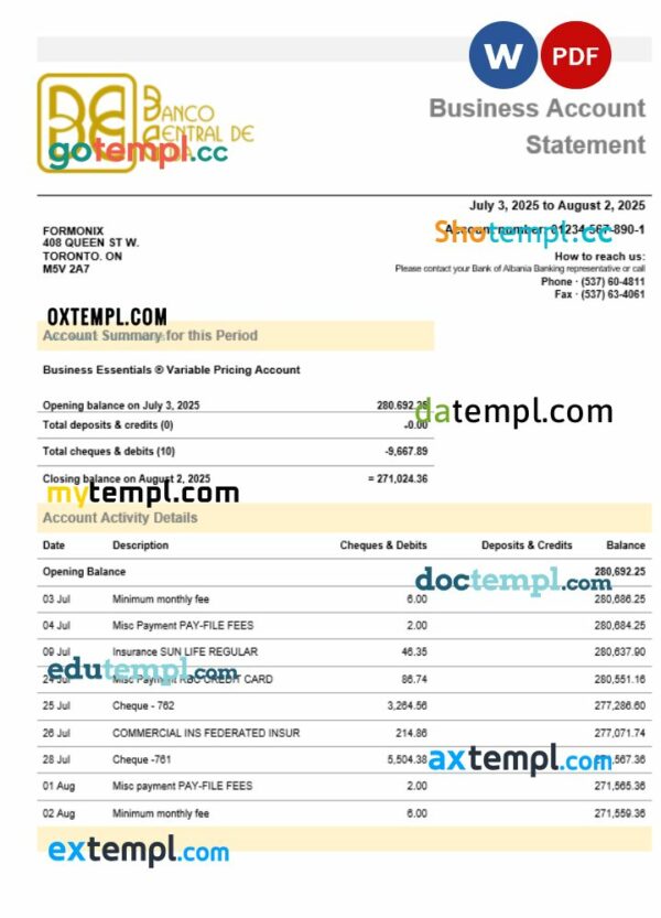 Banco Central de Cuban bank business firm account statement Word snd PDF format