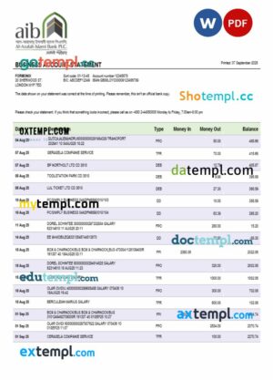 Al-Arafah Islami Bank business account statement Word and PDF template
