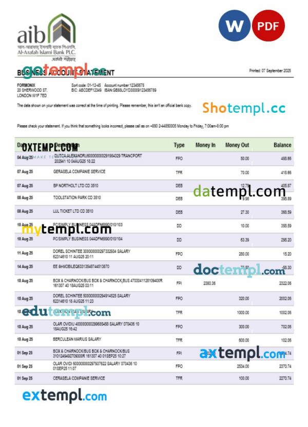 Al-Arafah Islami Bank business account statement Word and PDF template