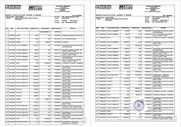 Bangladesh Bank Asia PLC statement of account Word and PDF template, 2 pages