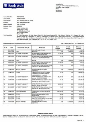 Bangladesh Bank Asia account statement Word and PDF template