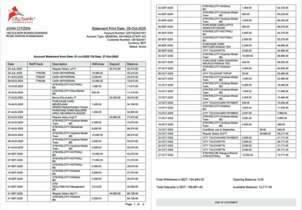 Bangladesh City Bank statement Word and PDF template, 2 pages