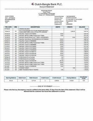 Bangladesh Dutch Bangla Bank Limited account statement Word and PDF template