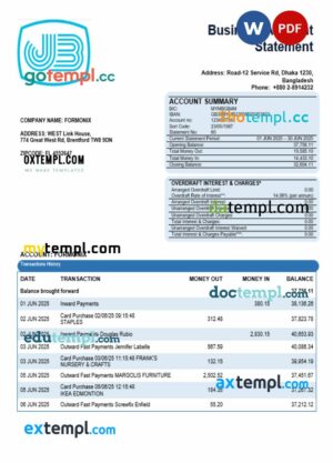 Janata business bank statement Word and PDF format