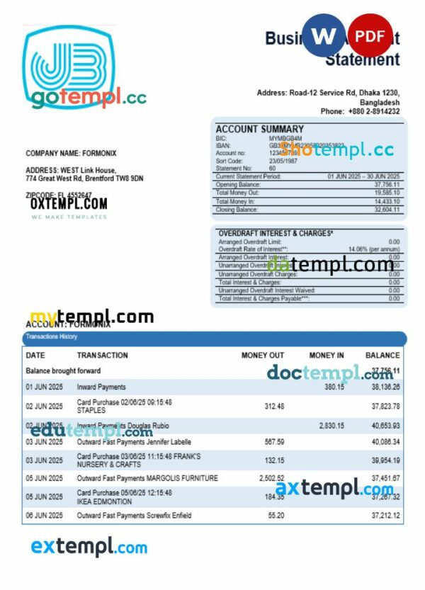 Janata business bank statement Word and PDF format