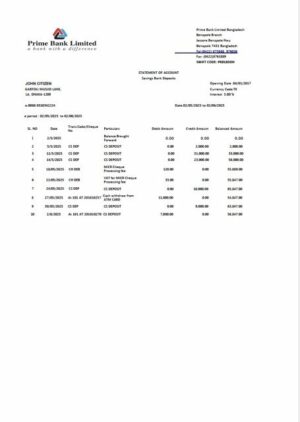 Bangladesh Prime Bank Limited statement of account Word and PDF template, version 2