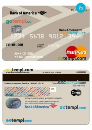 Bank of America business mastercard template in PSD format