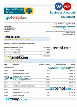 Bank of Cypriot firm account statement Word and PDF format