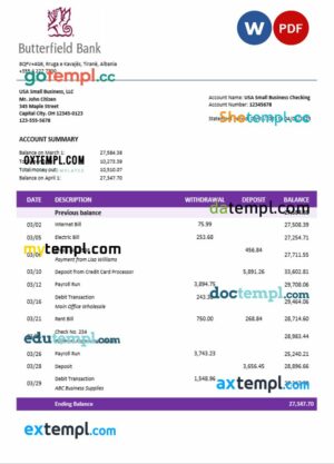 Butterfield bank organization checking account statement Word and PDF format