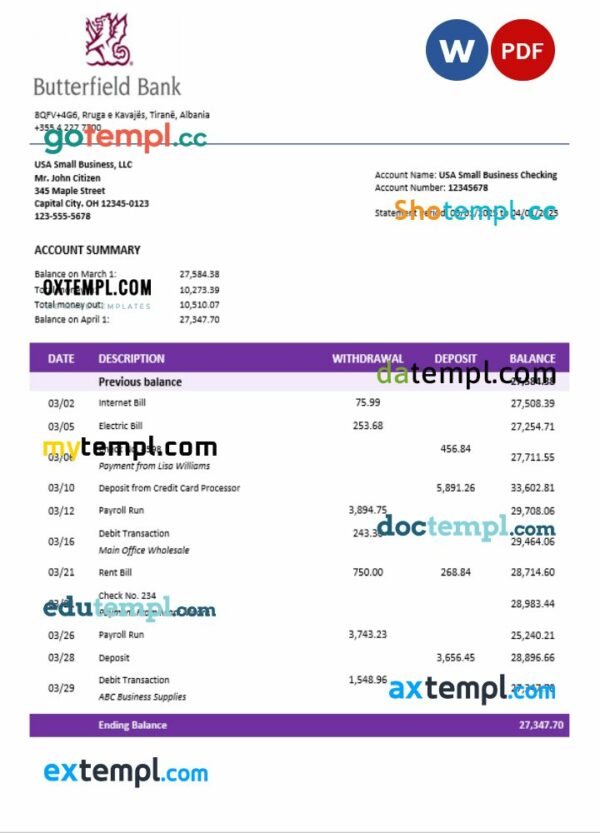Butterfield bank organization checking account statement Word and PDF format