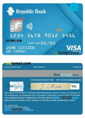 Barbados Republic bank visa business card template in PSD format