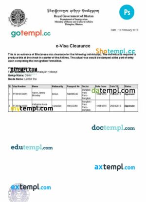 Bhutan immigration e-visa card template in PSD format