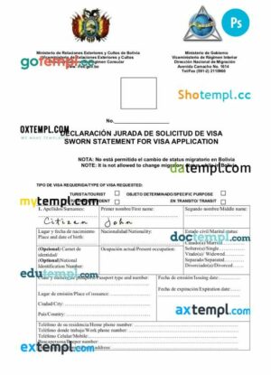 Bolivia arrival card template in PSD format