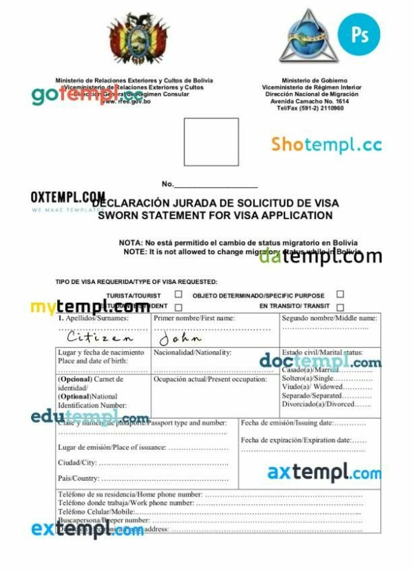 Bolivia arrival card template in PSD format