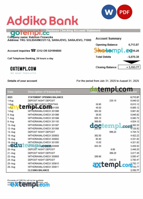Bosnian Addiko enterprise account statement Word and PDF template