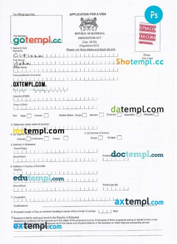 Botswana immigration card template in PSD format