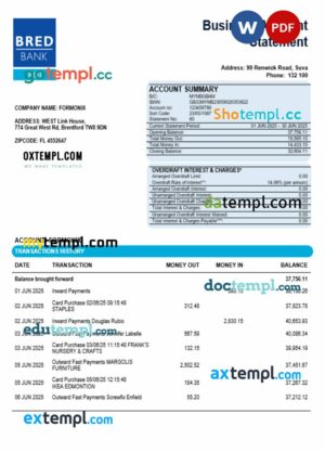 Bred bank firm account statement Word  and PDF format