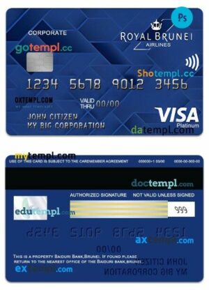 Brunei Baiduri Bank Royal Airlines corporate Visa Platinum Card template in PSD format