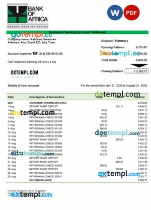 Burundi Bank of Africa bank organization checking account statement Word and PDF format