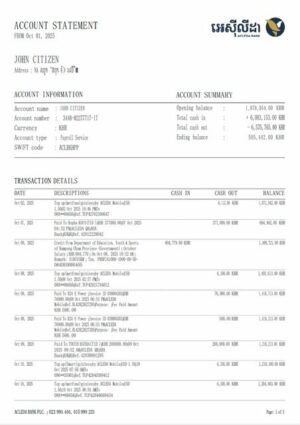 Cambodia ACLEDA Bank account statement Word and PDF template, version 2