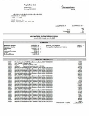 Canada British Columbia PeoplesTrust Bank business checking Word and PDF template