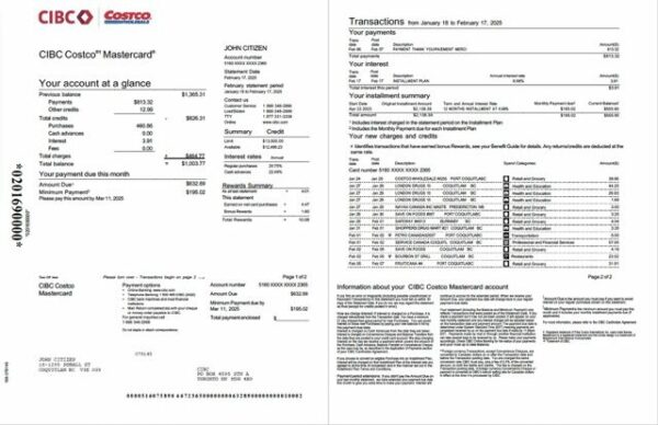 Canada CIBC Bank account statement Word and PDF template, 2 pages