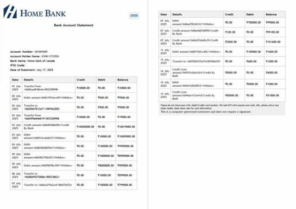 Canada Home bank of Canada account statement Word and PDF template, 2 pages