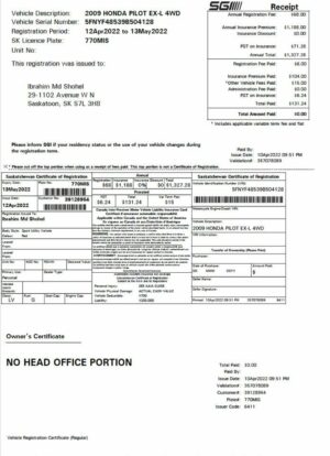 Canada Saskatchewan certificate of vehicle registration in PSD format