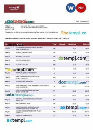 Canadian Money Mentors (MM) business organization checking  statement Word and PDF format