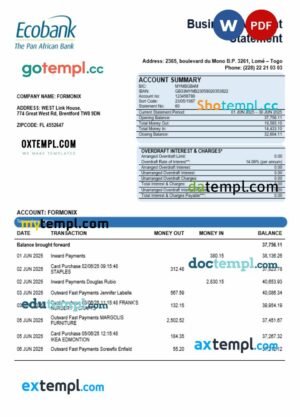 Central African Ecobank business bank organization account statement Word and PDF format