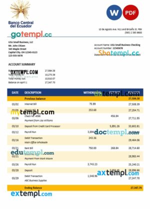 Central Bank of Ecuador business bank statement Word and PDF format