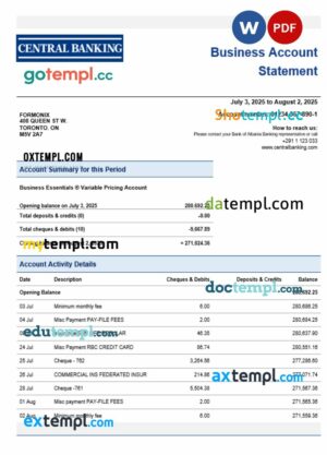 Central bank business statement Word and PDF format
