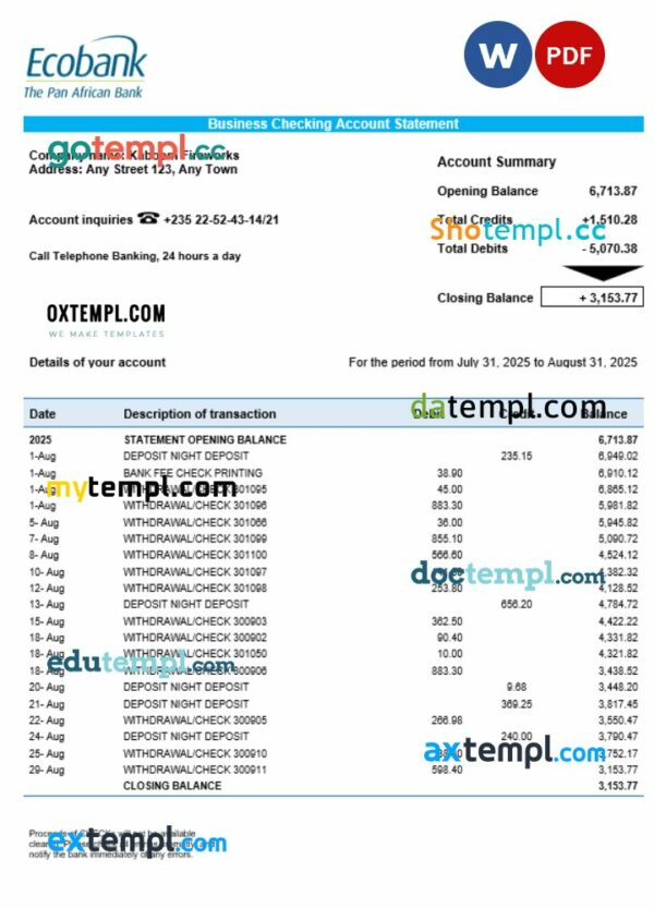 Chad Ecobank organization checking account statement Word and PDF template