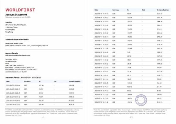 China Worldfirst account statement Word and PDF template, 2 pages