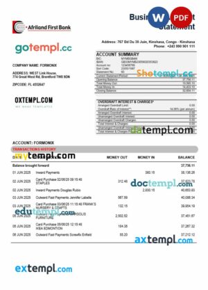 Congo Afriland First Bank business firm account bank statement Word and PDF format