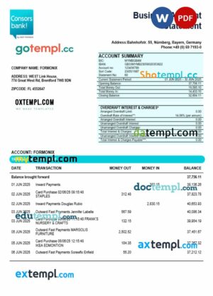 Consorsbank business organization checking  statement Word and PDF format