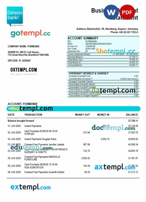 Consorsbank business organization checking  statement Word and PDF format