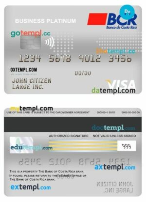 Costa Rica The Bank of Costa Rica business visa platinum card template in PSD format