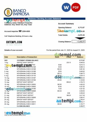 Costa Rican Banco Improsa bank firm account statement Word and PDF template