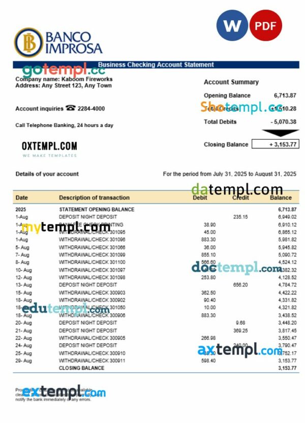 Costa Rican Banco Improsa bank firm account statement Word and PDF template