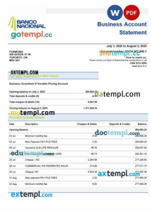 Costa Rican Banco Nacional de Costa Rican business bank  company account statement Word and PDF format
