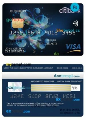 Côte d'Ivoire Citi bank visa business card template in PSD format