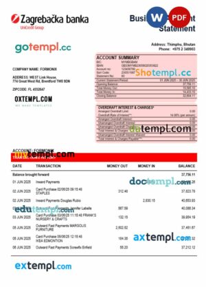 Croatian Zagrebačka Bank business firm account statement Word snd PDF format