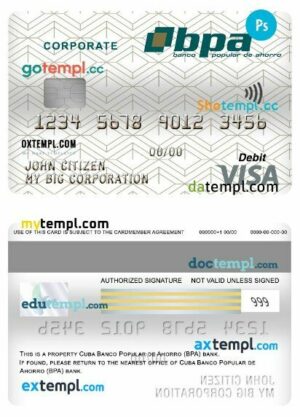 Cuba Banco popular de ahorro (bpa) bank corporate visa debit card template in PSD format