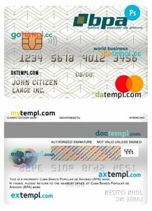 Cuba Banco popular de ahorro (bpa) bank world business mastercard template in PSD format