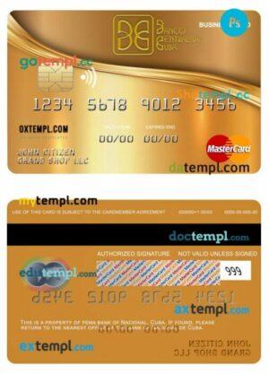 Cuba Nacional bank business gold mastercard template in PSD format